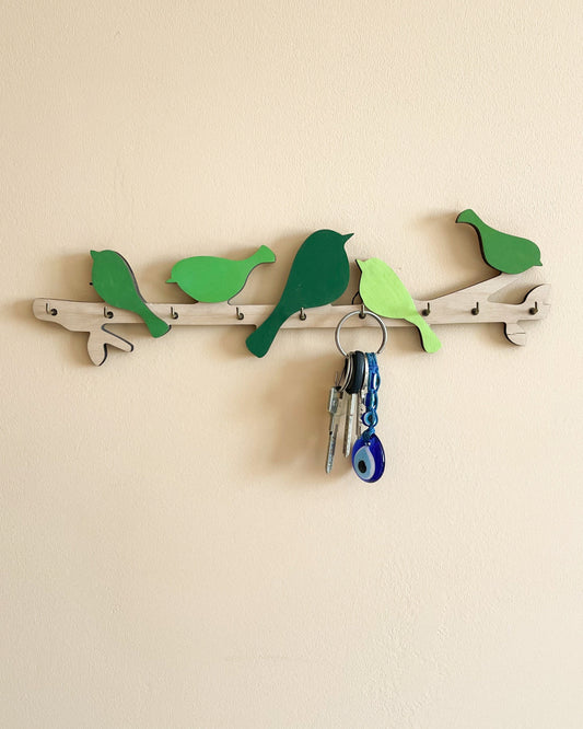 Entryway Key Holder with Birds Wall Mounted, Modern Wood Hooks with Birds, 9 Hooks For Keys